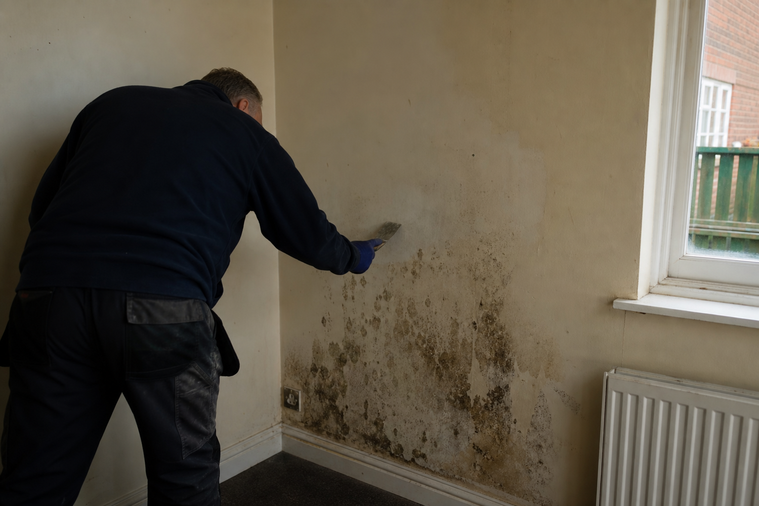 Tradesperson remediating damp and mould on an interior wall